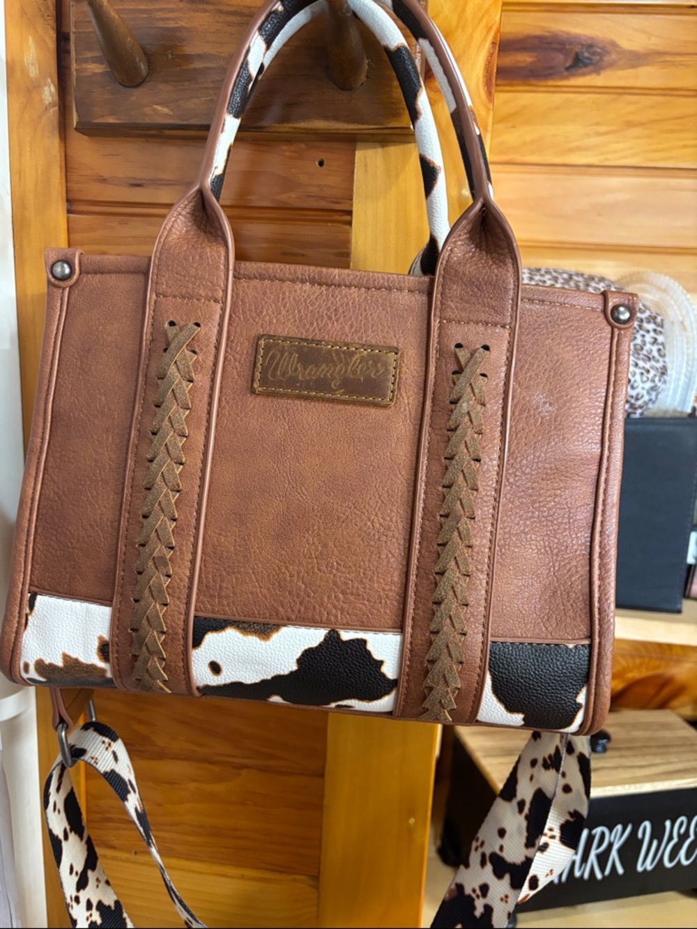 Wrangler Brown and White Faux Leather Cowprint Handbag
